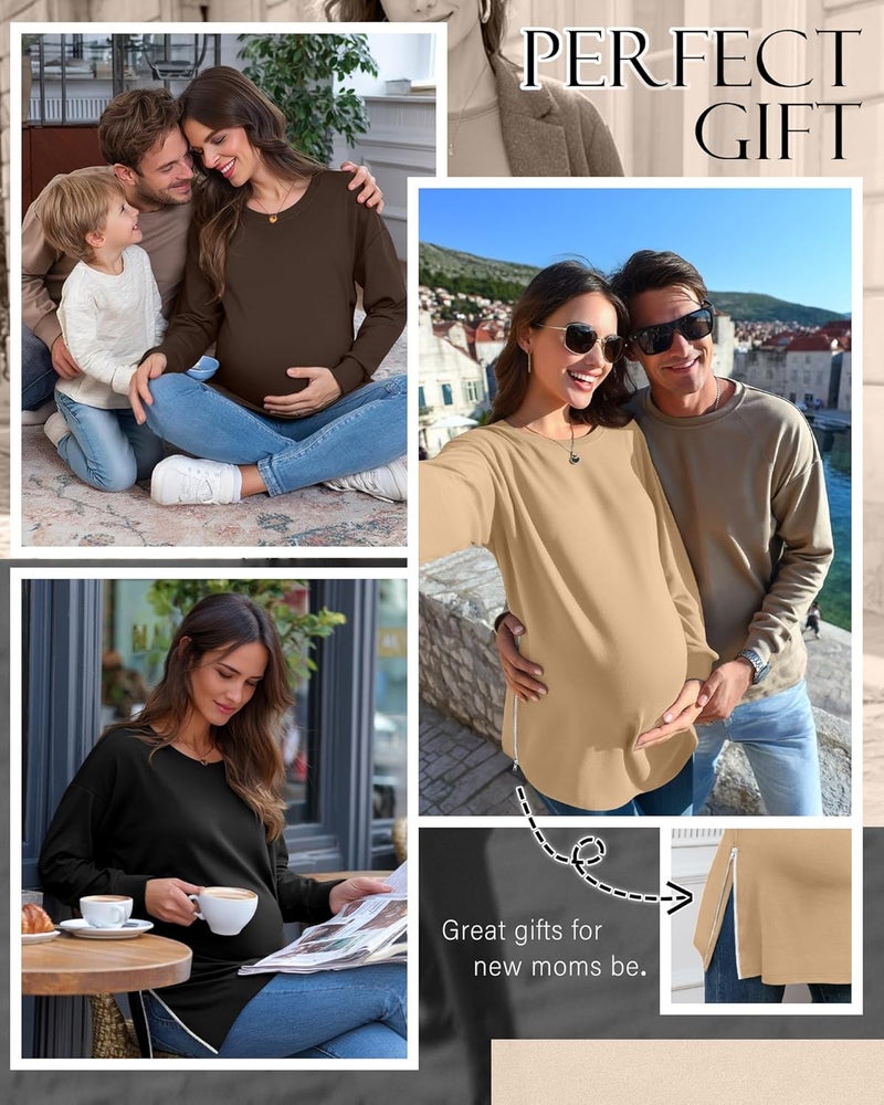Sweetyweee Store 3 Pack Women's Maternity Shirts Long Sleeve T-Shirts Cotton Zipper Split Side Tops Casual Loose Pregnancy Clothes(Black, Brown, Khaki,Large) - Image 2